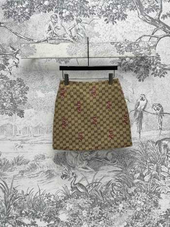 Uubags Gucci beige and dark brown GG canvas skirt allover snake embroidery