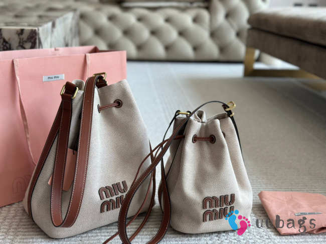 Uubags Miu Miu Beige/brandy Canvas And Leather Bucket Bag 23x15cm - 1