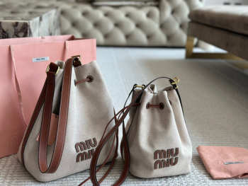 Uubags Miu Miu Beige/brandy Canvas And Leather Bucket Bag 23x15cm