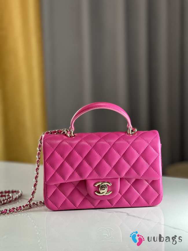 Uubags | Chanel mini pink flap bag lambskin leather with top handle 20x6x13cm - 1