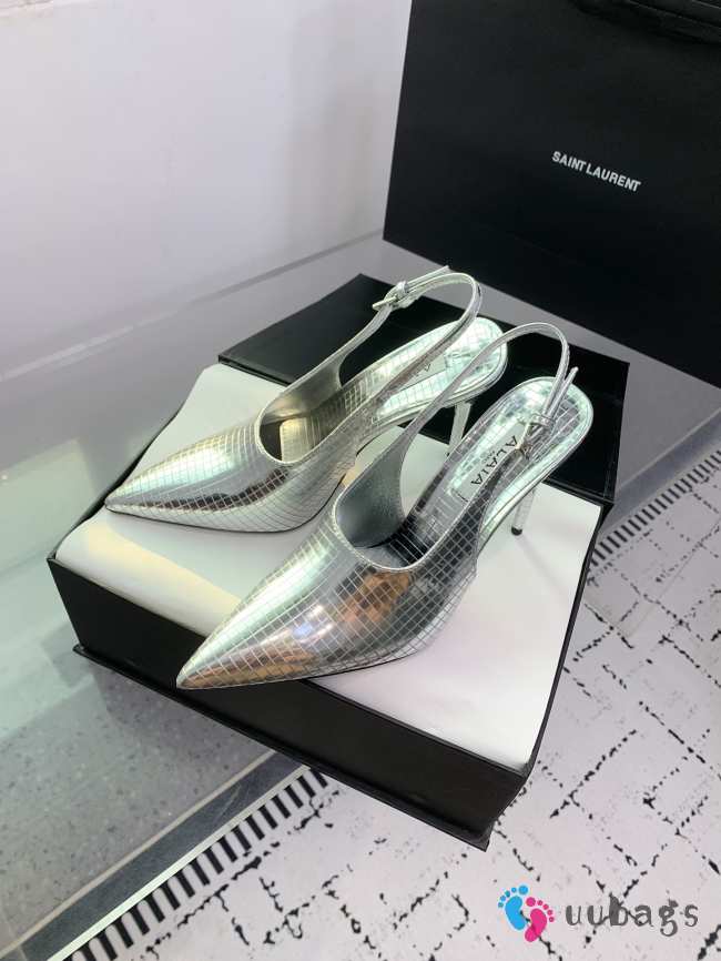 Uubags ALAIA Silver Art Deco Slingback Heels 10cm - 1