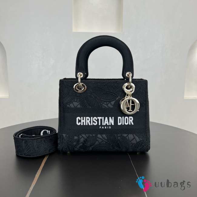 Uubags Dior Black D-Lace Embroidery Medium Lady D-Lite Bag 24x20x11cm - 1