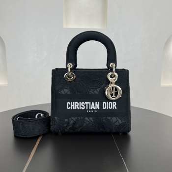 Uubags Dior Black D-Lace Embroidery Medium Lady D-Lite Bag 24x20x11cm