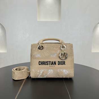 Uubags Dior Beige D-Lace Embroidery Medium Lady D-Lite Bag 24x20x11cm