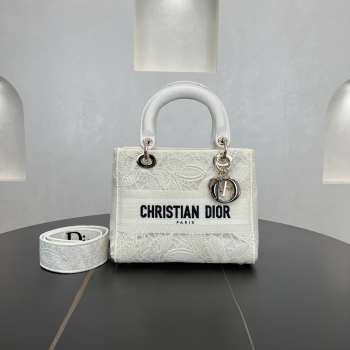 Uubags Dior White D-Lace Embroidery Medium Lady D-Lite Bag 24x20x11cm