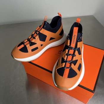 Uubags Hermes Katana sneaker in knit and marine/natural calfskin with graphic cut-out detail