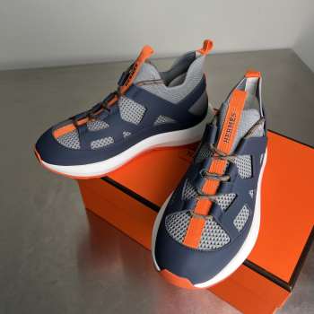 Uubags Hermes Katana sneaker in knit and gris silex/marine calfskin with graphic cut-out detail