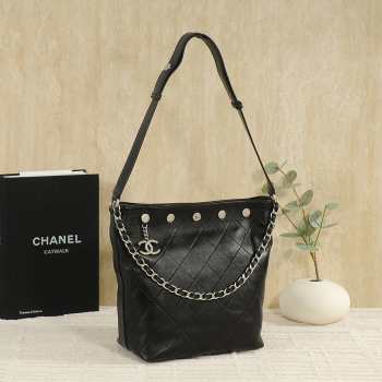Uubags Chanel Large Bucket Bag Shiny Lambskin & Silver Plated Metal In Black 28x31x15cm