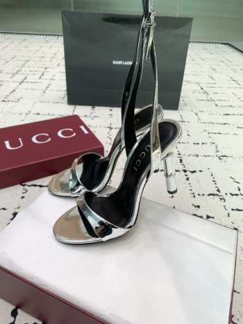 Uubags Gucci slingback sandal silver metallic laminated leather heel 10.5cm