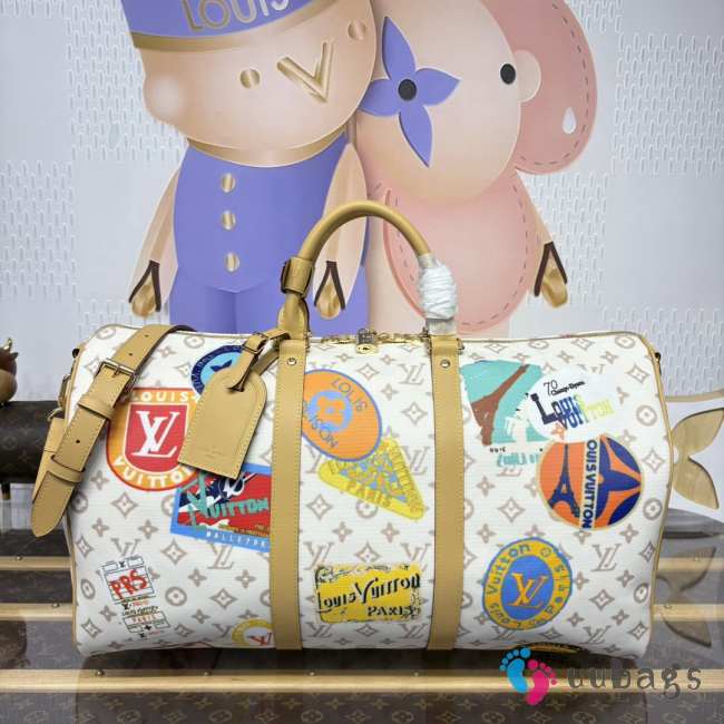 Uubags Louis Vuitton M14736 Keepall Bandouliere monogram dune coated canvas bag in white 50x29x23cm - 1
