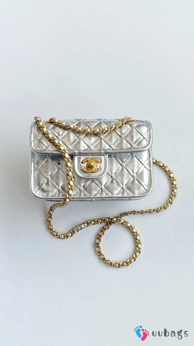 Uubags Mini Flap Bag Metallic Braided Calfskin & Gold Metallic Silvery 13x19x5.5cm - 1