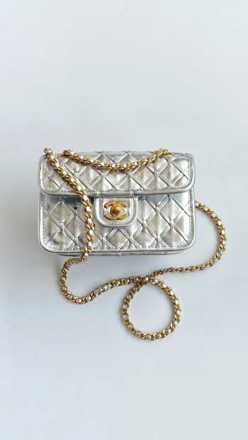 Uubags Mini Flap Bag Metallic Braided Calfskin & Gold Metallic Silvery 13x19x5.5cm
