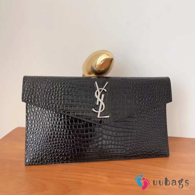 Uubags YSL Uptown pouch in crocodile-embossed black shiny leather 27x16x12cm - 1