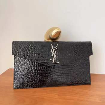Uubags YSL Uptown pouch in crocodile-embossed black shiny leather 27x16x12cm
