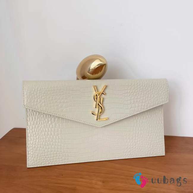 Uubags YSL Uptown pouch in crocodile-embossed white shiny leather 27x16x12cm - 1