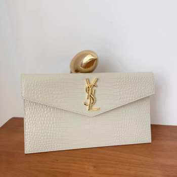 Uubags YSL Uptown pouch in crocodile-embossed white shiny leather 27x16x12cm