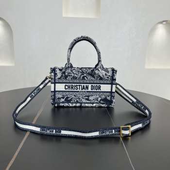 Uubags Mini Dior Book Tote Bag Blue Toile de Jouy Reverse Embroidery 21.5x13x7.5cm