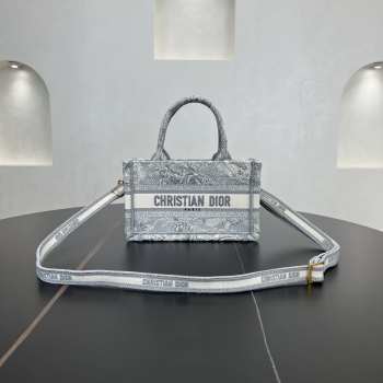 Uubags Mini Dior Book Tote Bag Grey Toile de Jouy Reverse Embroidery 21.5x13x7.5cm
