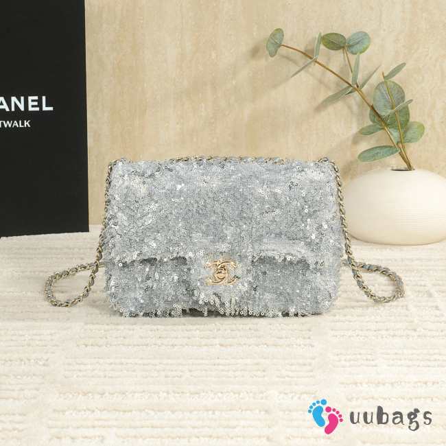 Uubags Chanel Flap Bag Fringed Sequins & Gold-Tone Metal In Silvery 15x22x6cm - 1