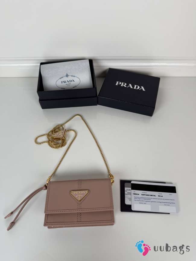 Uubags Prada leather card holder with shoulder strap in rosy blush 11.5x8x2.5cm - 1
