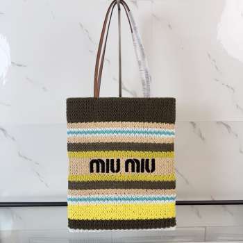 Uubags Miu Miu Raffia-effect woven tote bag lemon yellow/natural 32x41cm