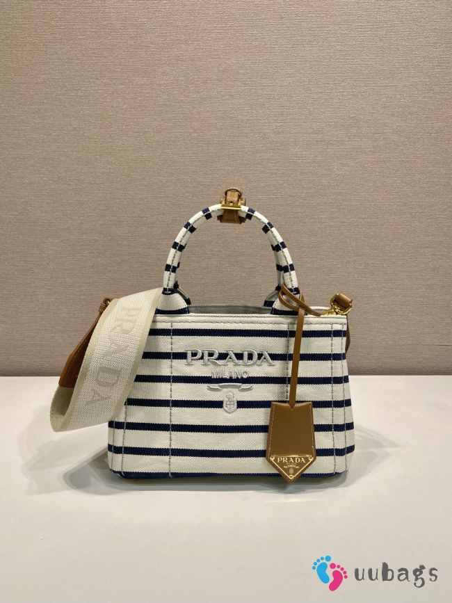 Uubags Prada Jardinière striped cotton canvas mini-bag in ivory/blue 22x15x13cm - 1