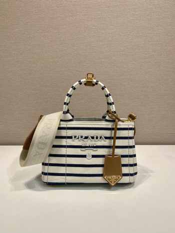 Uubags Prada Jardinière striped cotton canvas mini-bag in ivory/blue 22x15x13cm