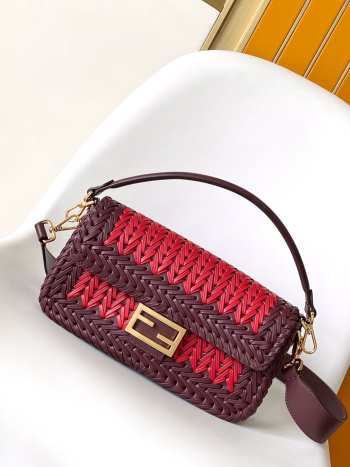 Uubags Fendi Red Leather Interlaced Baguette Bag 27x6.5x15cm