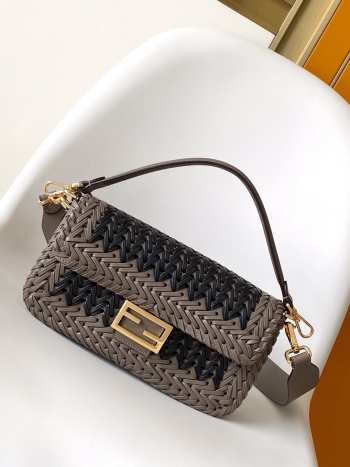 Uubags Fendi Black and Grey Leather Interlaced Baguette Bag 27x6.5x15cm