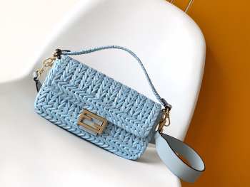 Uubags Fendi Blue Leather Interlaced Baguette Bag 27x6.5x15cm