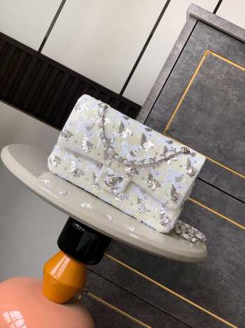 Uubags Chanel classic bag 11.12 satin embroidery, sequins, glass pearls & silver metallic 15.5x25.5x6.5cm