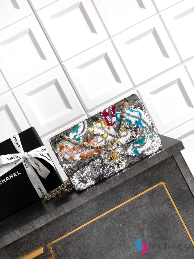 Uubags Classic Bag 11.12 satin embroidery, sequins, glass pearls & silver metallic silver & multicolor 15.5x25.5x6.5cm - 1