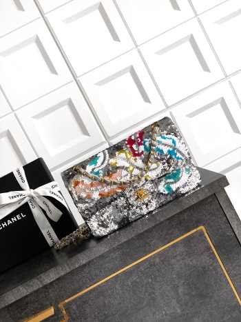 Uubags Classic Bag 11.12 satin embroidery, sequins, glass pearls & silver metallic silver & multicolor 15.5x25.5x6.5cm