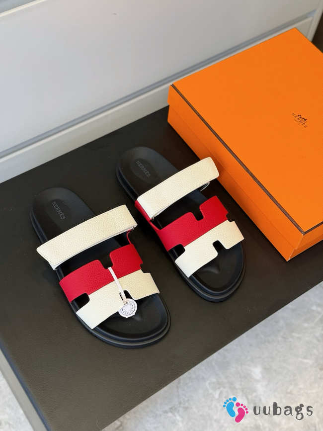 Uubags Hermes White/Red Leather Chypre Sandals - 1