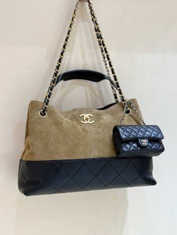Uubags Chanel Shopping Bag Suede, Sheepskin & Gold Metallic Beige & Black 28x40x15cm