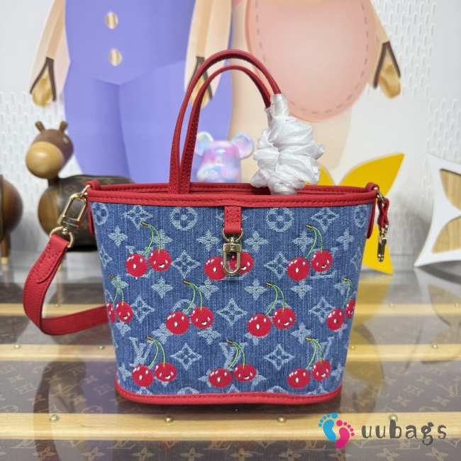 Uubags Louis Vuitton M14997 Neverfull Inside Out BB LV x TM bag monogram denim with cherry motif 26.5x16.5x11cm - 1
