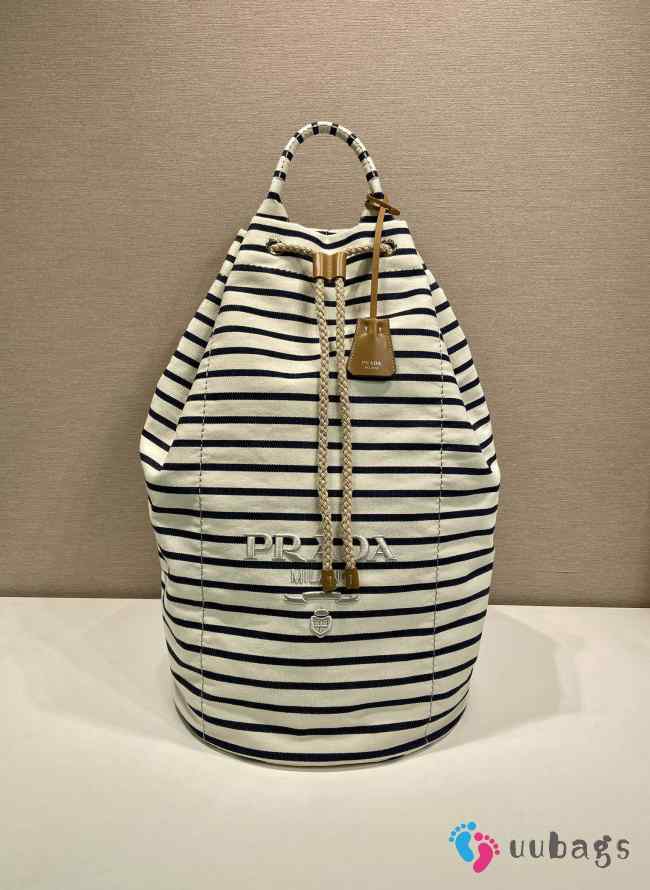 Uubags Prada Striped canvas drawstring duffel bag ivory/blue 34x55x34cm - 1