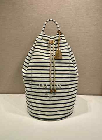 Uubags Prada Striped canvas drawstring duffel bag ivory/blue 34x55x34cm