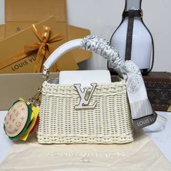 Uubags Louis Vuitton M26004 Capucines Mini Rattan And Cowhide Bag In White 14x21x8cm