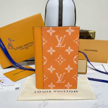 Uubags Louis Vuitton M14115 Passport Cover Monogram coated canvas and Taiga cowhide leather in orange 10x14x2.5cm