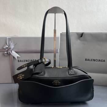 Uubags Balenciaga Carrie small Bowling bag in black calfskin with antique silver hardware