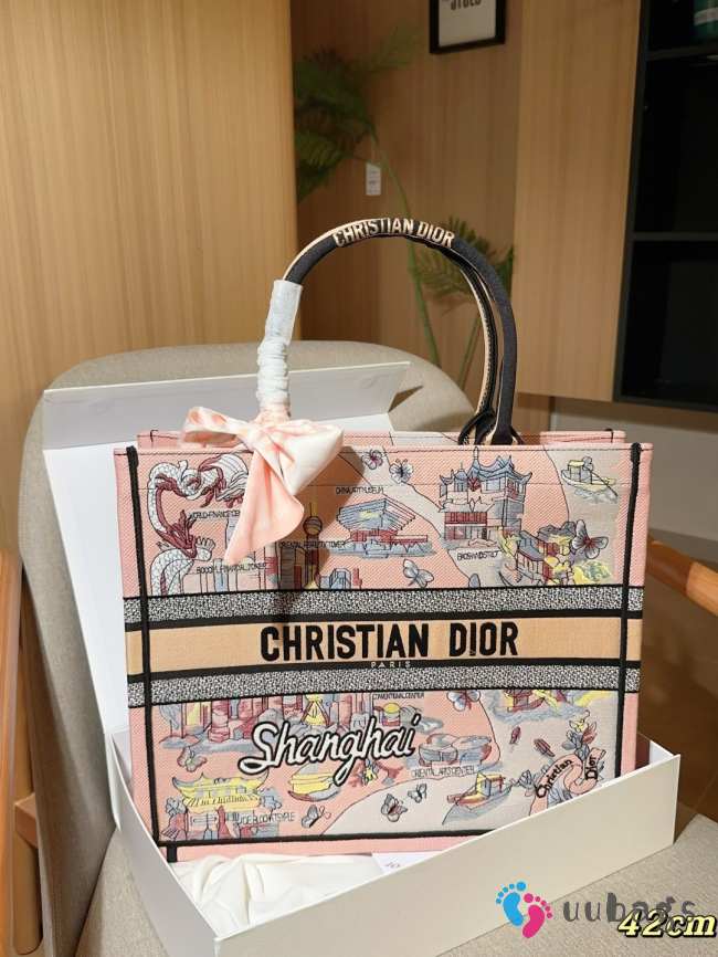 Uubags Christian Dior Book Tote Embroidered Canvas Large Bag In Pink 42cm - 1