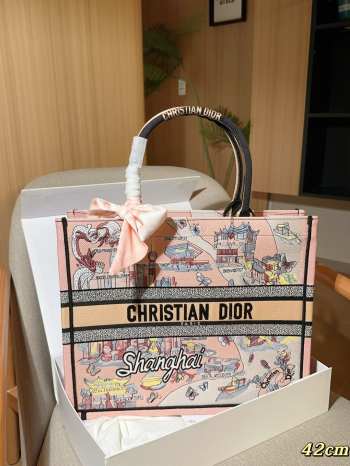 Uubags Christian Dior Book Tote Embroidered Canvas Large Bag In Pink 42cm
