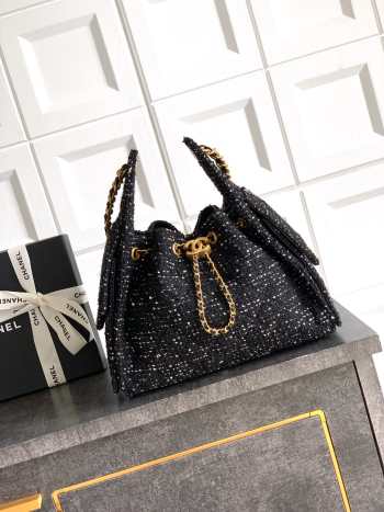 Uubags Chanel 25 Small Bag Wool Tweed & Gold-Tone Metal Black 30x26x14cm