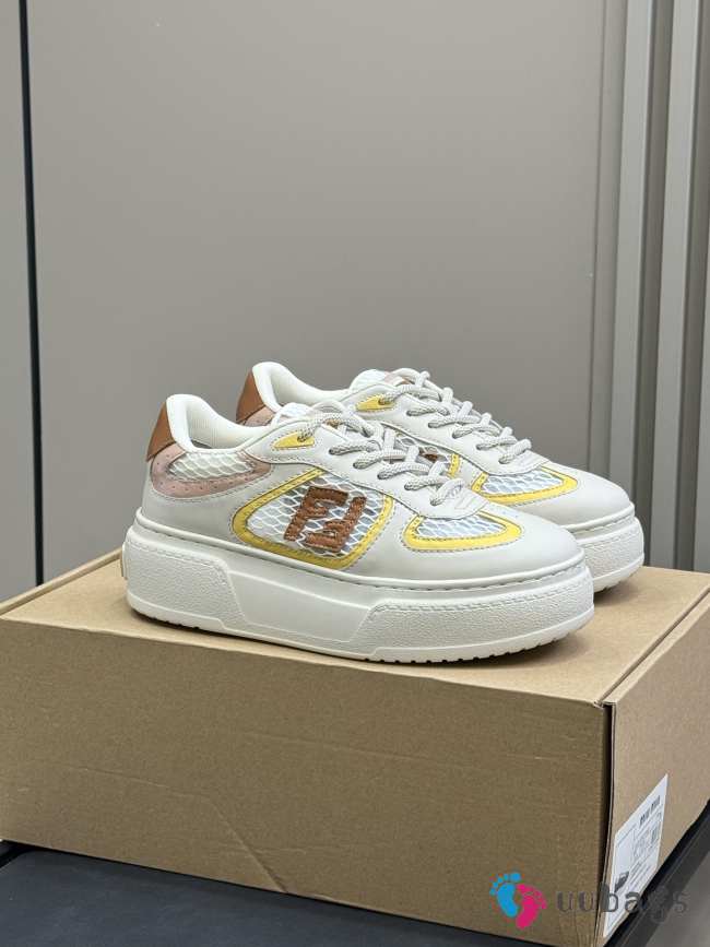 Uubags Fendi Match lace-up sneakers cream leather and mesh platform low-tops yellow - 1