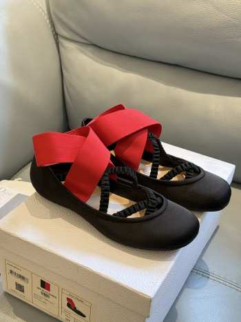 Uubags Dior Shade Ballet Flat Black Satin and Red Elastic Straps