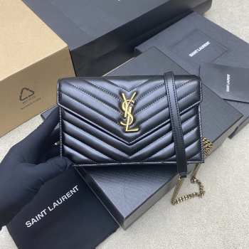 Uubags YSL Cassandre Envelope Chain Wallet In Black Lambskin 19x12.5x3.5cm