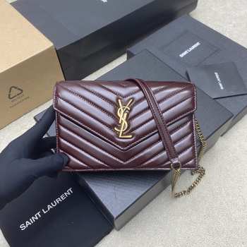 Uubags YSL Cassandre Envelope Chain Wallet In Burgundy Lambskin 19x12.5x3.5cm