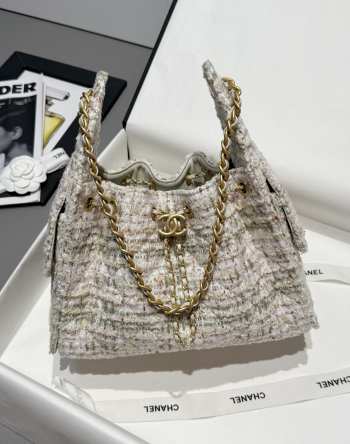 Uubags Chanel 25 Small Handbag Wool Tweed & Gold-Tone Metal Ecru, Khaki, Gold & Red 30x26x14cm