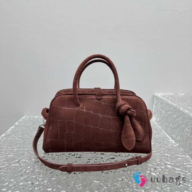 Uubags Jacquemus La Croisiere Small soft crocodile embossed suede bowling bag in dark brown 26x16x11cm - 1